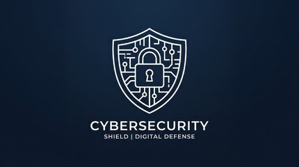 Fototapeta premium Cybersecurity shield with digital defense text and circuit board lock on dark backdrop.