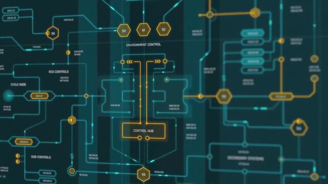 Futuristic sci-fi control hub interface with digital flowchart schematic data, cyberpunk environment system panel and corporate mainframe network grid HUD.