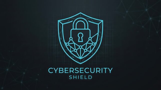 Cybersecurity shield logo design with geometric lock icon on dark digital grid background.