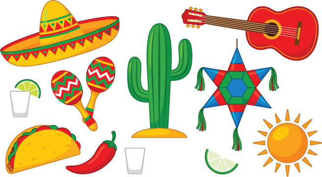 Cinco de Mayo mexican party vector set featuring sombrero hat guitar pinata maracas taco cactus isolated on white.