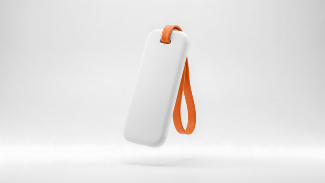 Blank white plastic luggage tag with an orange silicone strap on white background