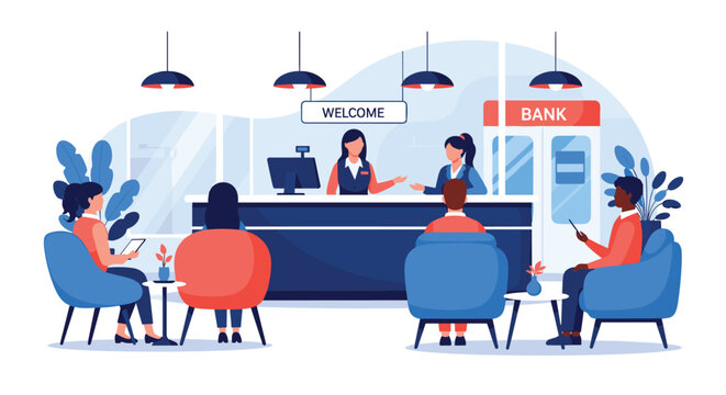 Interior of a modern bank with tellers behind a counter and customers waiting in comfortable blue and orange chairs.