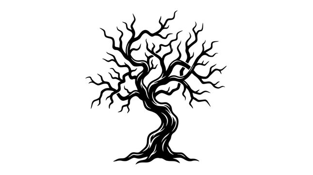 Spooky gnarled bare tree vector illustration silhouette with twisted branches isolated on white background, creepy dead tree branch design for halloween