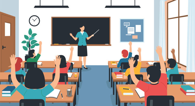Group of primary school students raising their hands to answer a question from a female teacher in a bright classroom.