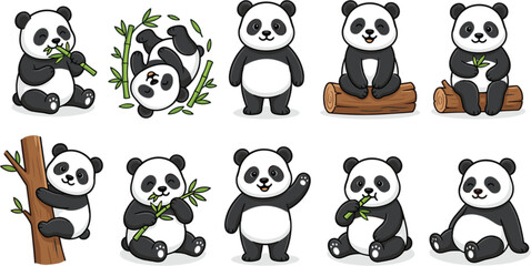 Cute cartoon giant panda bear character vector set featuring playful poses eating bamboo climbing isolated on white © Dulal creation 