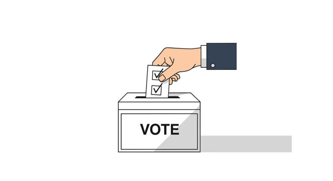Person puts a marked paper ballot into a white voting box to participate in a democratic election or important public referendum.