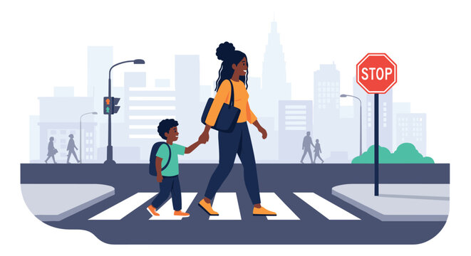 African american mother holding her young son's hand while crossing a street at a zebra crosswalk in a busy urban city environment.