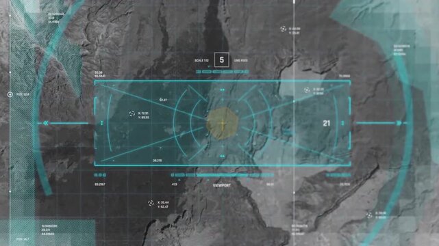 Satellite drone military tracking interface over mountain terrain, futuristic hud crosshair target locator display with coordinate data telemetry, 4k video.
