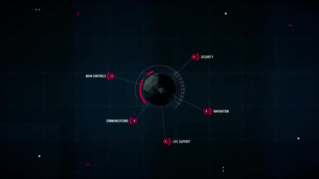 Futuristic spaceship HUD interface with digital sphere node, sci-fi cyber security data navigation system and main controls dashboard layout