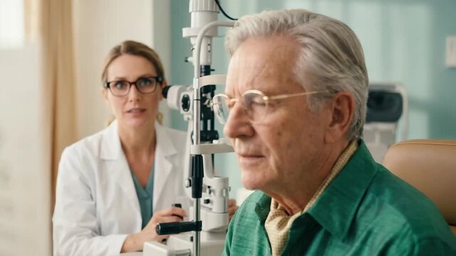 Senior man having eye exam at optometry clinic. Elderly patient consulting female ophthalmologist. Healthcare and vision care concept