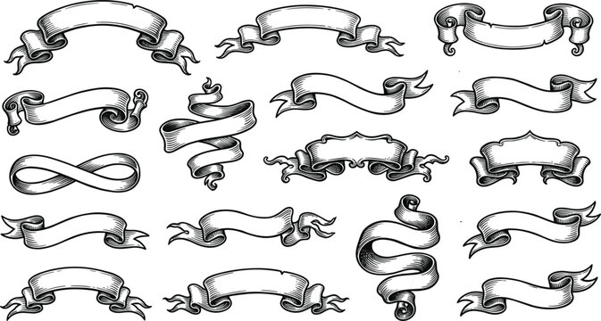 Antique horizontal ribbon scroll banner vector collection with woodcut engraving swirls for medieval heraldry design