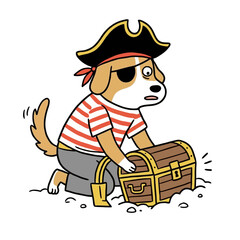 Obraz premium Cute beagle dog pirate wearing hat and eye patch digging up buried wooden treasure chest.