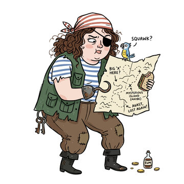 Curious female pirate captain with hook hand holding map and sandwich.