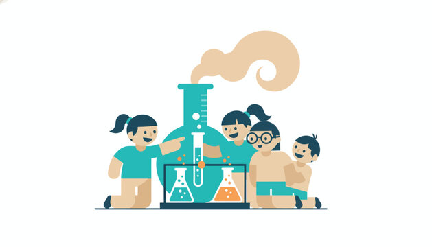 Happy diverse children learning science with experiments and beakers in a fun cartoon illustration style