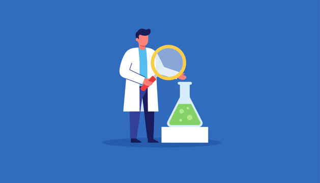 Young scientist in lab coat conducting experiment with glowing green liquid in flask and magnifying glass, educational fun for children