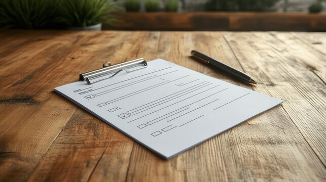 Checklist form on clipboard wooden desk business office workspace survey planning