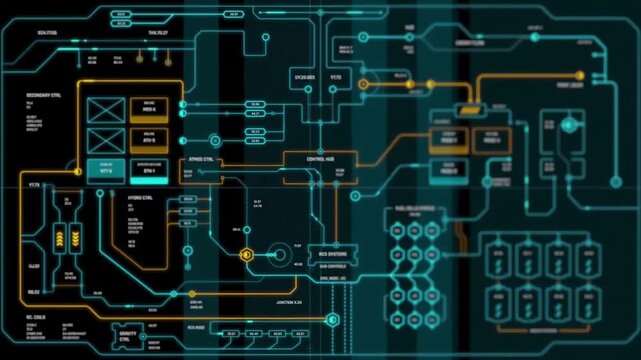 Sci-Fi HUD Control Panel and Energy Flow Dashboard, Futuristic Digital Tech Interface with Fuel Cell Status and Data Schematics, Abstract Background Loop