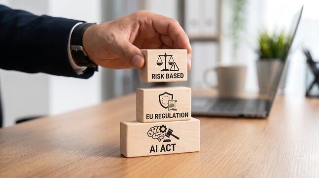 Mans hand placing wooden block with risk based icon on top of eu regulation and ai act blocks on desk in office