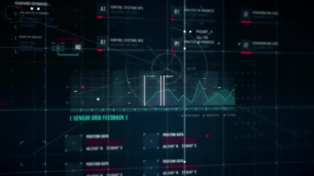Sci-Fi HUD Control Panel and Tech Interface, Futuristic Data Analytics Screen with Gravity Drive Performance and Sensor Grid Feedback Charts