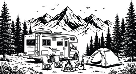 Camping motorhome parked by tent and campfire in mountain pine forest nature landscape line art vector illustration © MdRakib