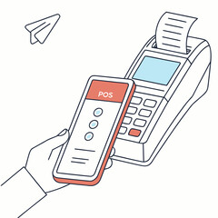 Hand holding a pos device next to a receipt printer with pos screen, pos electronic © Kholil