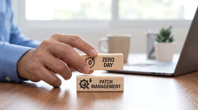 Person placing wooden block with zero day on top of patch management block on desk