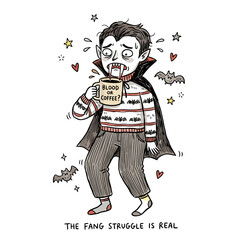 Funny vampire struggling with coffee mug and fangs.