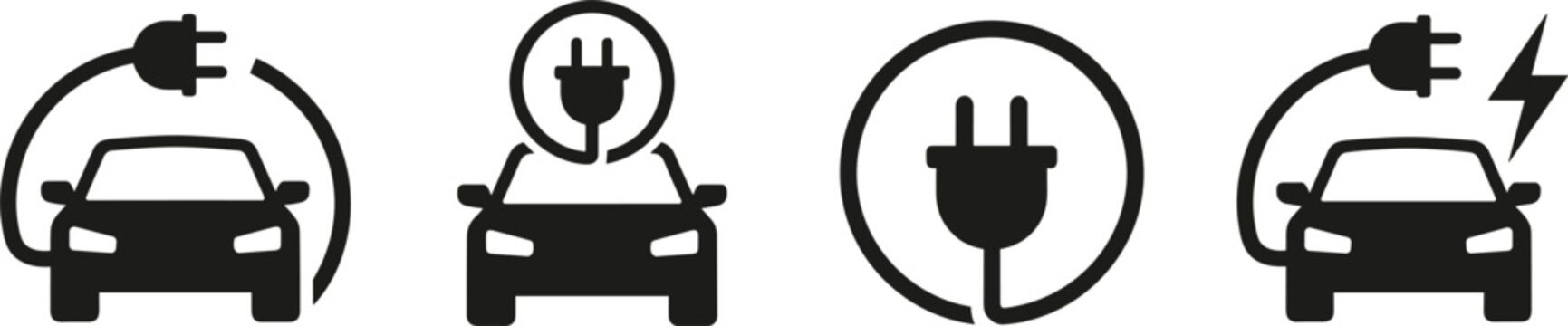 Electric vehicle icon set with car silhouette and plug showing hybrid automobile charging isolated vector illustration