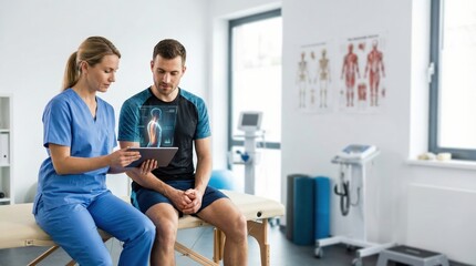 Naklejka premium Physiotherapist consulting male patient using digital tablet in modern clinic