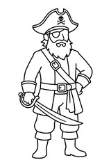 Fototapeta premium Pirate character with sword and skull hat line drawing for coloring book.