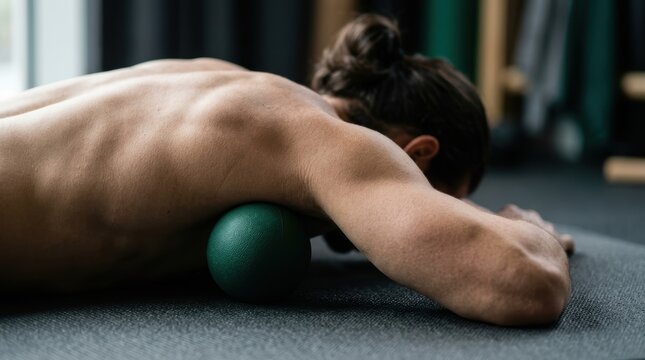 Person lying on back with a green massage ball under shoulder blade for muscle release
