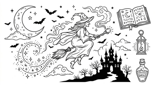 Halloween Pumpkin Witch Brewing Magic Potion Line Art Vector Set