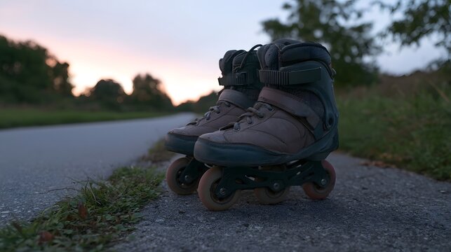A low angle view captures rollerblades moving along a path under a beautiful twilight sky creating a scene of wonder and gentle shadows