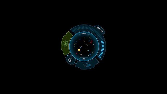 Sci-fi radar interface with holographic space navigation HUD, futuristic planet map, jump fuel indicator and scanning telemetry data on a black background loop.