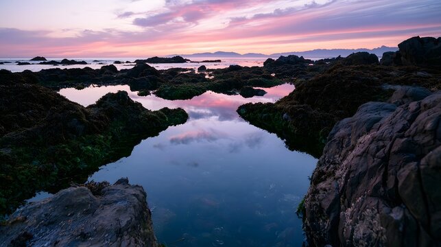 Colorful tide pools reflect the stunning sunset colors during golden hour creating a peaceful and tranquil natural scene