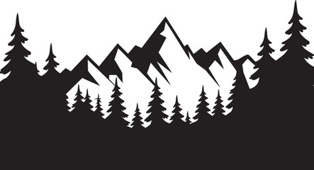 Fototapeta premium Mountain Range Silhouette With Pine Trees On White Background