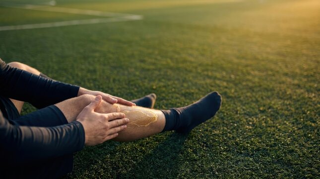 A person sitting on a green football field applying muscle rub to their leg