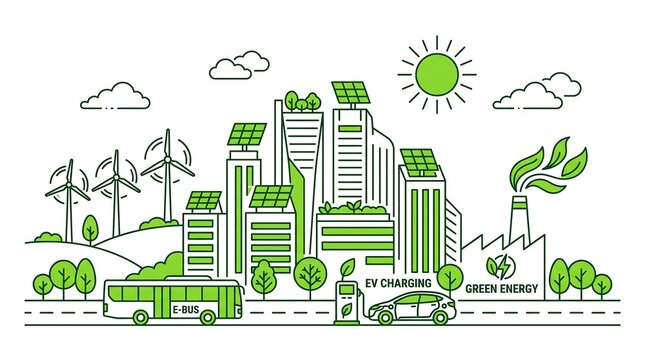 Sustainable Eco Friendly Urban Cityscape Featuring Renewable Energy Sources and Clean Transportation Infrastructure