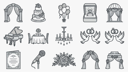Elegant Black and White Wedding and Celebration Icons Set Featuring Wedding Arches Cake Balloons Ring Box Piano Chairs Chandelier Doves Bouquet Microphone and More © Celin