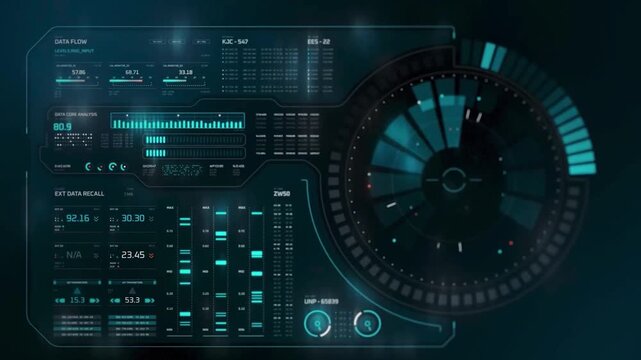 Sci-Fi Futuristic HUD Interface Screen Elements with Digital Data Flow Analytics. High-Tech UI Hologram Cockpit Control Dashboard for Cyber Security Concept.