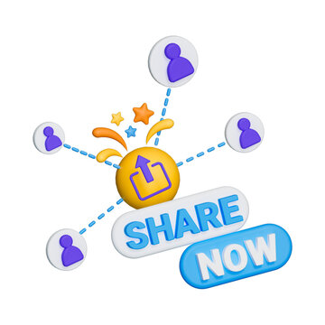 Colorful vector graphic illustration of social media sharing concept with share now button and connected people icons in a modern design