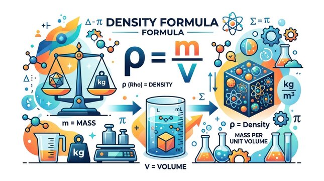 Scientific colorful diagram showing density formula rho equals mass divided by volume units.