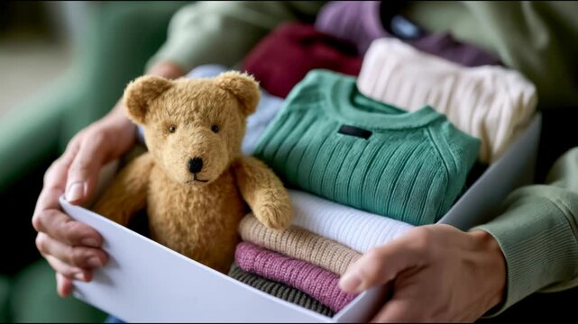 Cozy baby gift box filled with folded knitwear and a classic teddy bear, symbolizing newborn care, warmth, and celebration