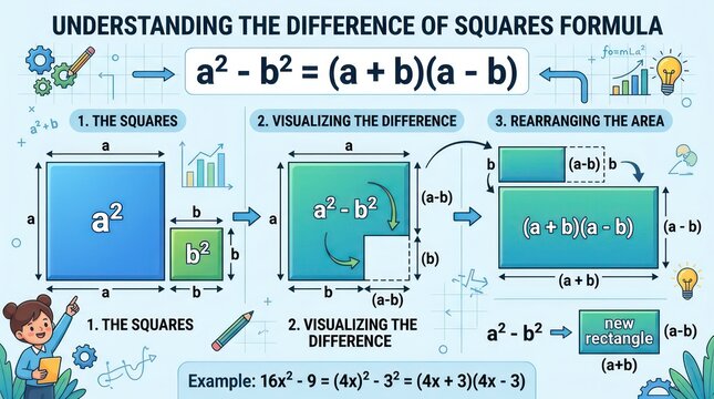 Mathematical chart showing difference of squares formula with clear geometric proof steps.