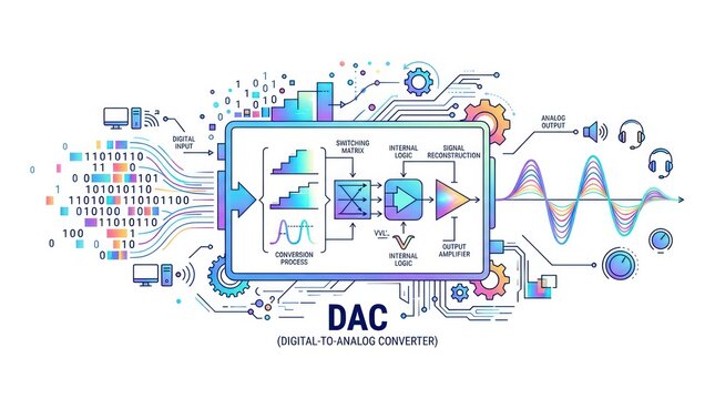 Technical diagram showing digital to analog converter process with data flow and circuitry.
