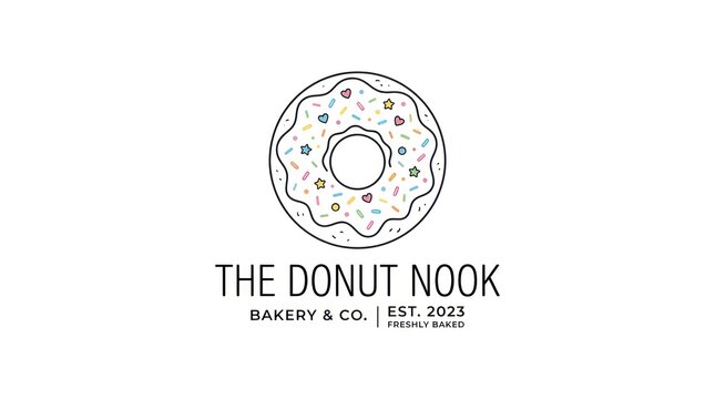 The donut nook bakery logo with colorful star and heart decorations on iced pastry item.