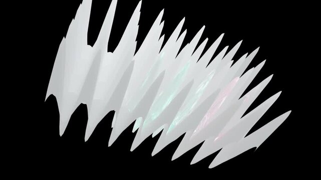 Abstract white sharp spikes shape with glowing iridescent texture on a dark black background 4K video
