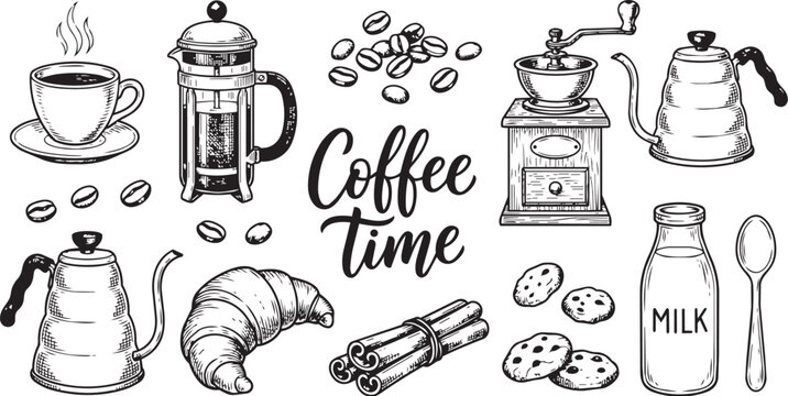 Coffee Time Element Set Hand Drawn Sketch Vector on Transparent Background