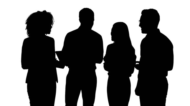 Four silhouettes having a business discussion isolated on transparent background, Vector