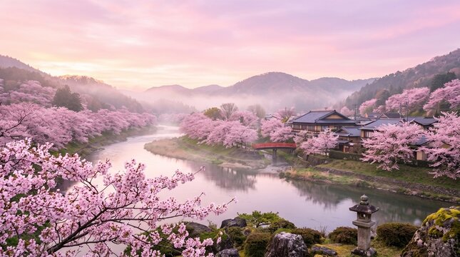 Sakura Serenity in Japan: A tranquil river winds through a valley adorned with blooming cherry blossoms.